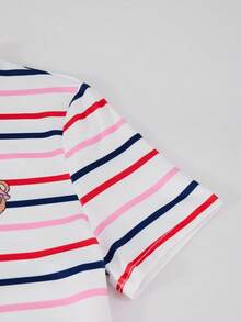 SHEIN Casuvi Kids Casuvi 女童针织数码多色条纹印花舒适弹力修身短袖T恤裙，卡通熊头装饰，美式休闲时尚，适合春夏日常穿着 - 彩色 - 查看 4
