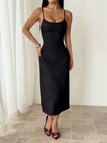 SHEIN PETITE 黑色简约百搭吊带连衣裙，女士款 - 黑色 - 查看 1