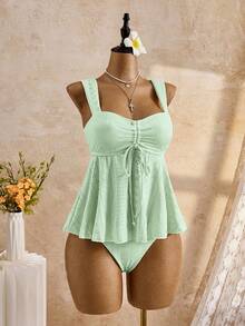 Bellisia 26SS Spring/Summer Vacation Beach Cute Yellow Jacquard Embroidered Camisole & Bikini Set - Mint Green - View 5
