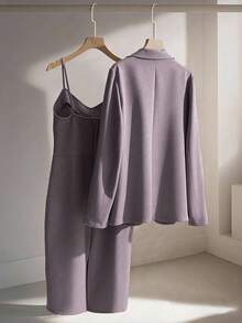 Franclia 休闲卡其色西装外套搭配吊带收腰直筒连衣裙，女士两件套，适合春秋季节，商务/休闲场合穿着 - 淺灰紫 - 查看 2