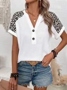 EMERY ROSE New Arrival Women's Fashion Leopard Print Contrast Color V-Neck Short Sleeve T-Shirt - Multicolor - View 4
