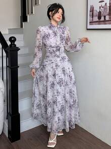 Modelyn 女士紫色系带领褶皱腰身连衣裙，适合春秋季户外穿着 - 紫色 - 查看 4