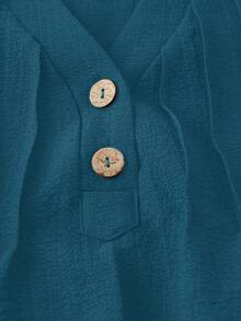 Linhara Plus Size Casual V-Neck Partial Placket Ruffle Trim Blouse - Teal Blue - View 3