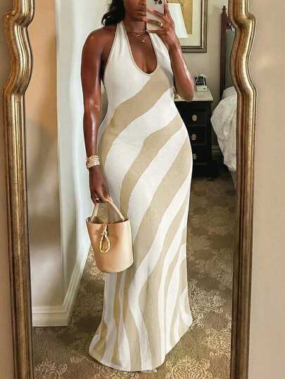 Slaydiva 2026 Early Spring Plus Size Women's Music Festival, Easter, Western, Nomadic, Birthday Party, Graduation, School, Daily, Casual, Vacation, Cruise, Beach, Sunbathing, Trending, Streetwear, Wedding Guest, Commute, Brunch, Airport, Party, Holiday, Elegant Gala, Ball, Relaxed, High-End Elegant Colorblock Halter Backless Maxi Fringe Knit Dress