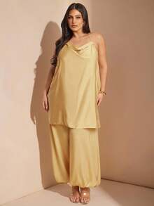 SHEIN BAE Plus Size Mustard Yellow Gold Satin Plunge Neck Backless Elegant Halter Top For Women, Summer, Wedding Guest Attire, Holiday Beach Wear, Curve Top - Orange - View 1