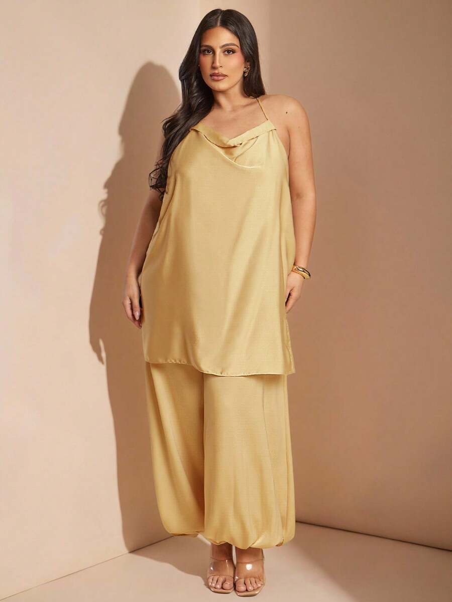 SHEIN BAE Plus Size Mustard Yellow Gold Satin Plunge Neck Backless Elegant Halter Top For Women, Summer, Wedding Guest Attire, Holiday Beach Wear, Curve Top - Orange - View 1