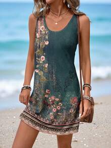 Sylviya Casual Retro Floral Print Sleeveless Summer Dress For Women - Dark Green - View 5