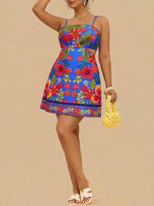 Travachic Plus Size Women's Blue Boho Summer Vacation Holiday Spaghetti Strap Hollow Tropical Floral Print Cropped Elegant Dress,Suitable For Beach Holiday - Multicolor - View 14