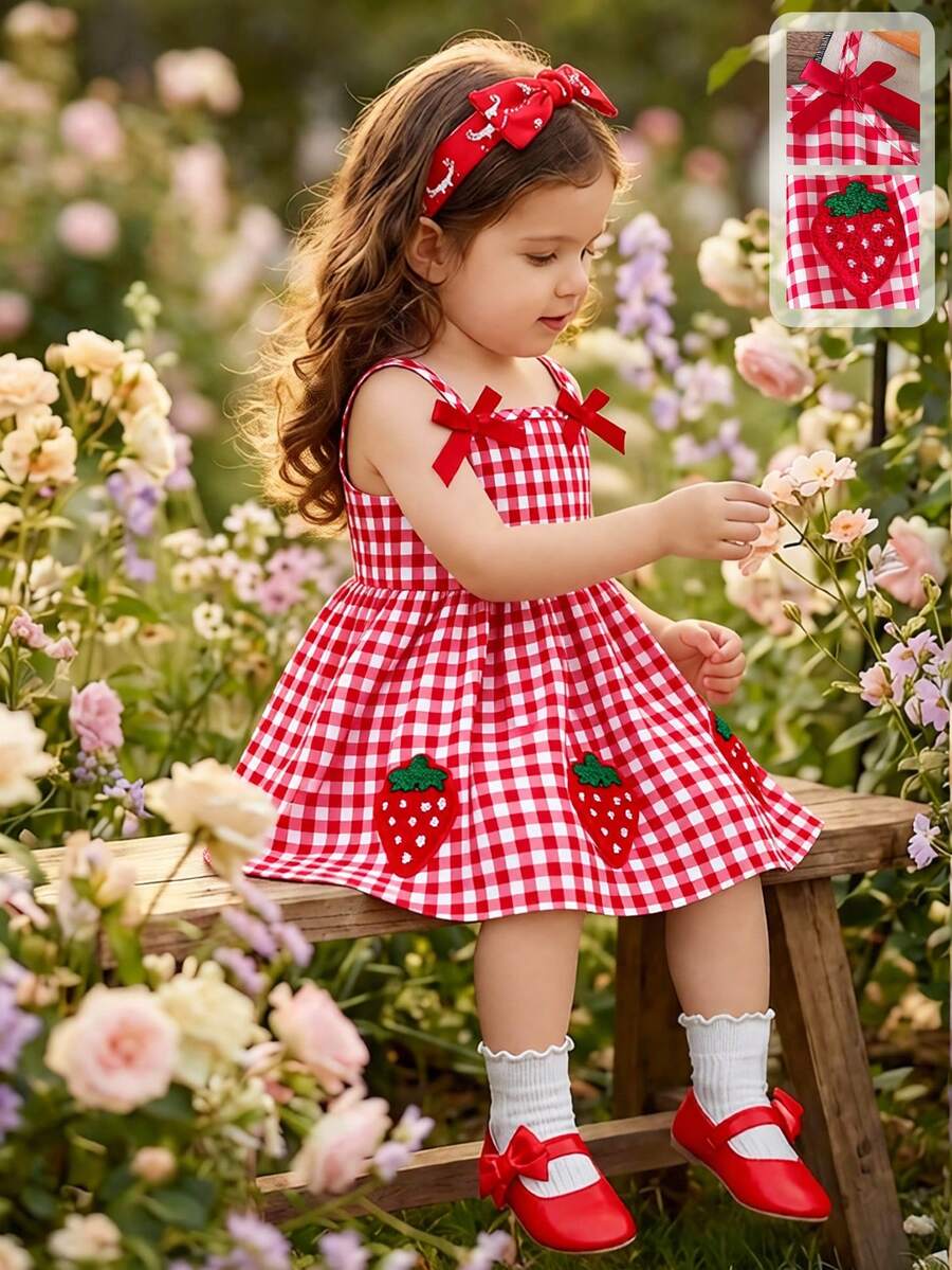 SHEIN 女婴休闲时尚红色连衣裙，正面饰有蝴蝶结，草莓印花裙摆，无袖收腰设计，适合春夏女婴穿着，可爱、优雅、简约、舒适，适合日常、上学、外出、派对、度假等场合。幼儿连衣裙，草莓刺绣连衣裙，女婴连衣裙，优雅派对连衣裙，夏季服装，女童春季连衣裙，幼儿连衣裙，夏季服装，柔软连衣裙。