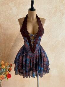 SHEIN WYWH Đầm ngắn cổ yếm ren in họa tiết gợi cảm thời trang nữ - Cà phê nâu - Xem 5