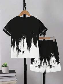 男童休闲时尚创意个性清新简约洛杉矶渐变色字母标语印花短袖T恤和短裤套装，舒适日常穿着，适合春、夏、秋季。 - 彩色 - 查看 2