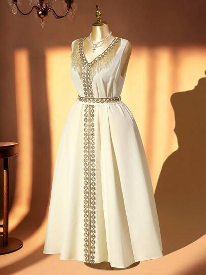 Rometta Plus Size Women's New Elegant Sequin Tassel Trim Vacation Dress