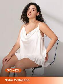 LUVLETTE Summer Sweet Feminine Plus Size Satin Pajama Set - Cowl Neck Camisole & Ruffled Shorts Soft Romantic Lounge Wear Wedding Items Bride Pajamas Set - White - View 1