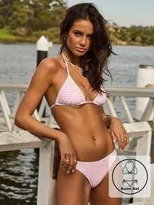 Aralina 夏季度假海滩西部风情粉色碎花两件套比基尼，附赠泳衣袋 - 粉色 - 查看 1