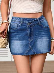 Breezaya Chân váy denim ngắn eo lệch, phong cách thường ngày mùa hè - Màu xanh lam - Xem 1