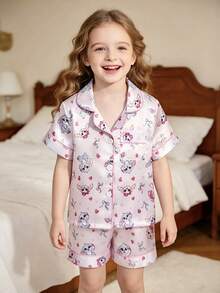 2pcs/Set Piyama Anak Perempuan Motif Kelinci Lucu, Kardigan Lengan Pendek dan Celana Pendek - Berwarna merah muda - View 6