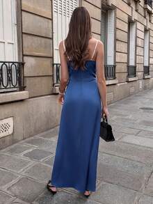 Pariaura 女士优雅法式撞色蕾丝吊带裙 - 藍色 - 查看 3