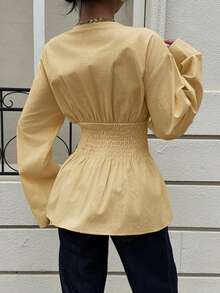 Siren Gaze 100%纯棉收腰V领喇叭袖衬衫，柔软亲肤，适合工作和度假穿着，优雅女士秋季衬衫 - 淡黃色 - 查看 2