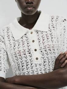 SHEIN Luminelle Áo len nữ cổ polo lưới rỗng, cài cúc kim loại. - Màu be - Xem 3