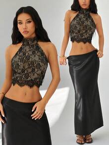 SHEIN PETITE 女士蕾丝吊带露背性感黑色吊带衫 - 黑色 - 查看 18