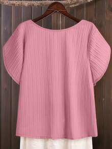 SHEIN LUNE 大码女式纯色不对称荷叶袖休闲衬衫 - 藕粉色 - 查看 2