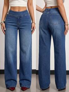 SHEIN Tall 女士夏季休闲高腰阔腿喇叭牛仔裤，水洗蓝色，不对称腰带配纽扣细节，完美打造街头风和日常穿搭。女士高腰阔腿宽松休闲百搭牛仔裤。 - 中等水洗藍 - 查看 1