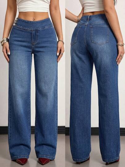 SHEIN Tall Kadın Yazlık Günlük Yüksek Bel Geniş Paçalı Bol Kesim Kot Pantolon, Yıkanmış Mavi, Asimetrik Bel Bandı ve Düğme Detayı, Sokak Giyimi ve Günlük Kombinler İçin Mükemmel, Kadın Yüksek Bel Geniş Paçalı Bol Kesim Günlük Çok Yönlü Kot Pantolon