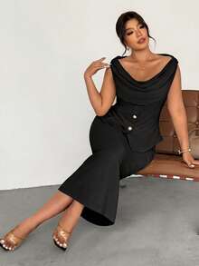 Firerie Plus Size Loose Neck Sleeveless Minimalist Design Elegant 2 Pieces Set, Summer - Black - View 3