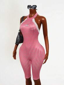SHEIN PETITE Plaid Lace Trim Backless Halter Jumpsuit - Red and White - View 5