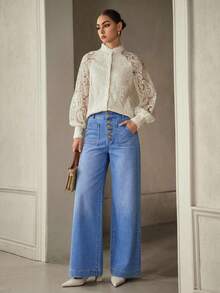 Selenza Quần Jeans Ống Rộng Nhiều Màu Trơn Có Túi Cài Nút Phía Trước Cho Nữ - Rửa trung bình - Xem 1