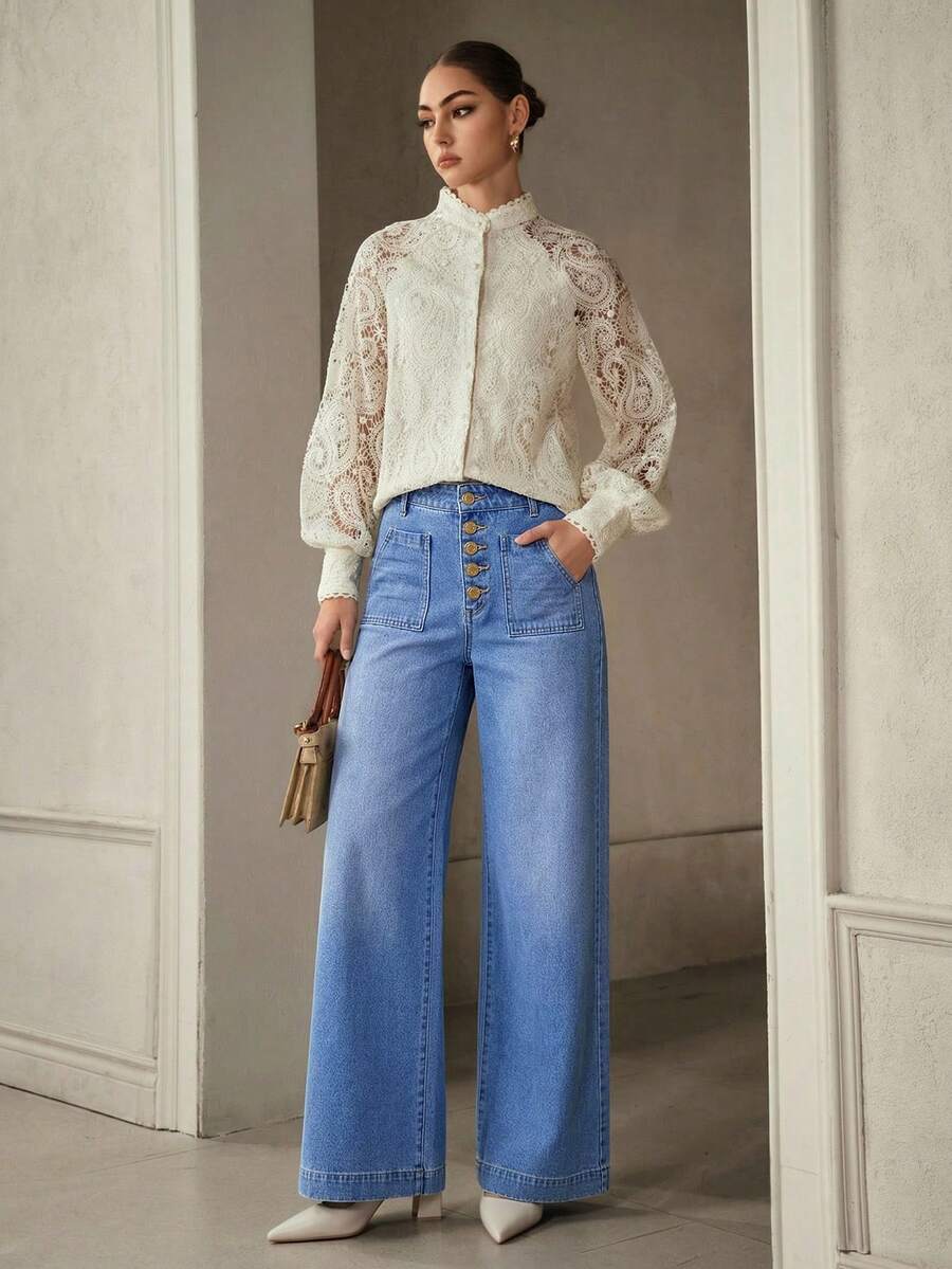 Selenza Quần Jeans Ống Rộng Nhiều Màu Trơn Có Túi Cài Nút Phía Trước Cho Nữ - Rửa trung bình - Xem 1