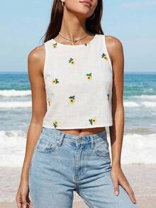 Swim Vcay 花卉刺绣背心 图案 T 恤 女式上衣 - 白色 - 查看 4
