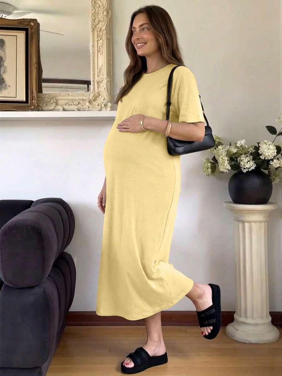 SHEIN Đầm ngắn tay dáng rộng màu trơn, thoải mái dành cho bà bầu, thích hợp mặc hàng ngày vào mùa hè. - Màu vàng - Xem 1
