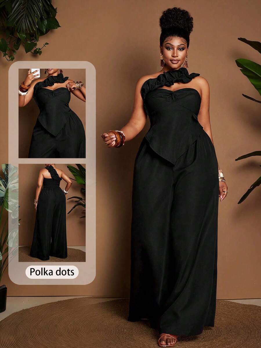 Maweii Bộ jumpsuit ống rộng màu đen xếp ly kiểu retro gợi cảm dành cho người có thân hình đầy đặn. - màu đen - Xem 1