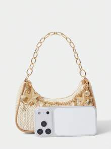 SHECARRY 1pc Summer Beach Starfish Series Shell & Seashell Woven Shoulder Hand Carry Bag, Beach Bag, Straw Handbag For Women (Charm Color & Style Randomly) , Summer - Multicolor H - View 4