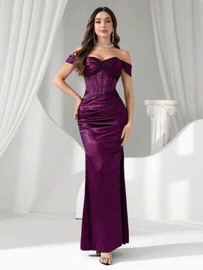 Coutiva Women's Elegant Glamorous Party Banquet Off-Shoulder Twist Rhinestone Decor Fitted Formal Evening Gown (Heavily Embellished)