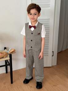 DAZY Young Boy English Style Gentleman Suit Vest, Short Sleeve Shirt And Pants Formal Outfit - Grey - View 4