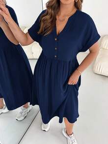 SHEIN Essnce 大码女式休闲宽松连衣裙，夏季短袖连衣裙，宽松舒适连衣裙，带口袋连衣裙，女士休闲连衣裙 - 藏蓝色 - 查看 6