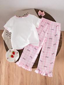 SHEIN Elladie kids 女童蝴蝶结印花短袖T恤和格子裤套装 - 粉色 - 查看 2