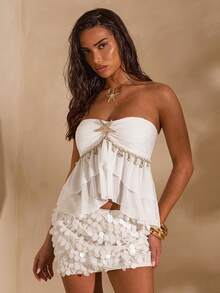 SHEIN Glamour Áo quây dệt kim có họa tiết, khóa kim loại hình sao biển và mặt dây chuyền hình vỏ sò, viền ren xếp tầng bằng vải chiffon, thích hợp cho kỳ nghỉ, đi biển, mùa hè, mặc hàng ngày và du lịch. - trắng - Xem 5