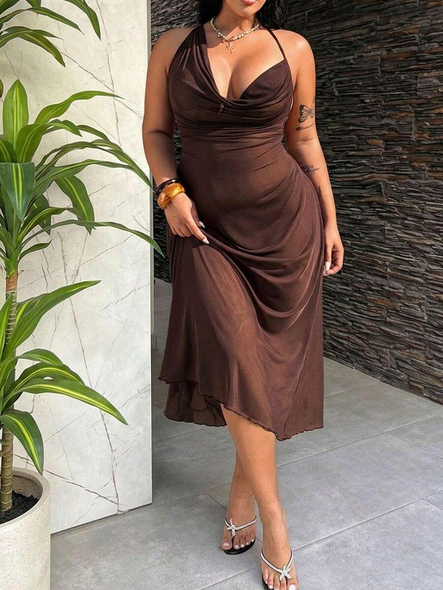 Rustia Plus Size Women Solid Color Halter Backless Cross Elegant Waist Gathering Party Dress - Coffee Brown - View 1