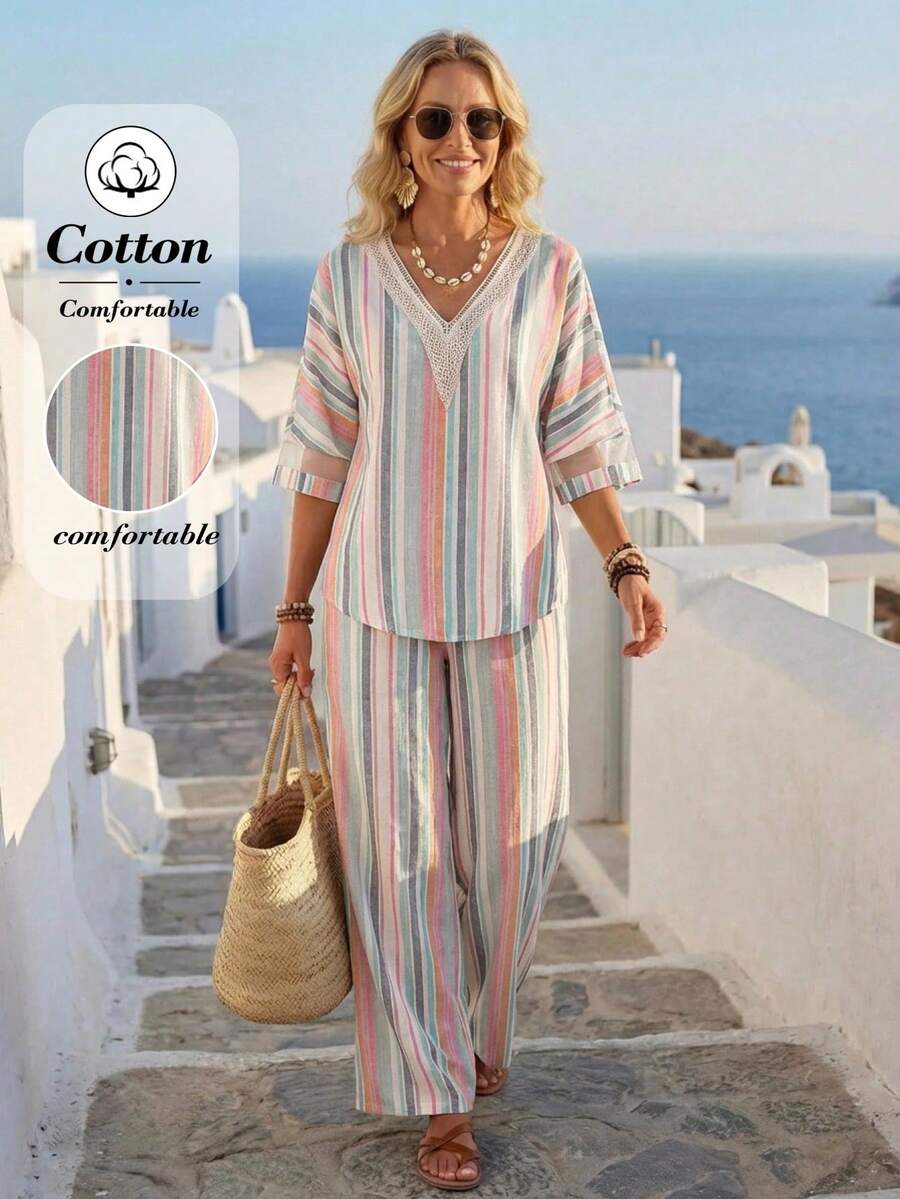 EMERY ROSE Bộ đồ nữ đi nghỉ mát kẻ sọc cổ chữ V tay lửng và quần dài, kiểu dáng thường ngày, gồm 2 món. - Nhiều màu - Xem 1