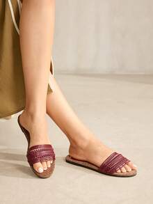 MOTF 春夏新款户外女士平底拖鞋 圆头编织简约黑色凉鞋 女士厚底防滑休闲百搭露趾沙滩拖鞋 - 酒紅色 - 查看 6