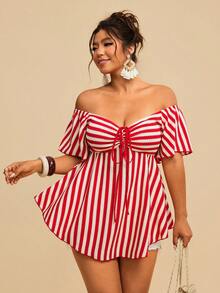 Travachic Vintage Plus Size Casual Holiday Spring/Summer Beachside Boho Jacquard Striped Off-Shoulder Drawstring Colorful Women Blouse/Shirt - Red and White - View 4