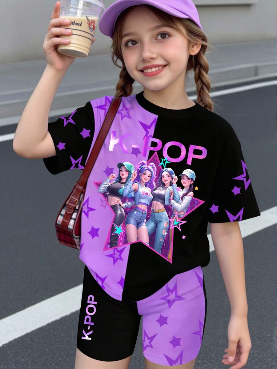 一套少女短袖上衣和短裤，撞色卡通女孩和五角星K-POP图案，舒适针织套装，适合日常休闲穿着，紫色T恤套装 - 彩色 - 查看 1