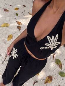 Swim Vcay Spring/Summer Coconut Tree Print Beachwear Set, Black Halter Top Paired With Wide Leg Pants, Casual Vacation Coverup - Black - View 2