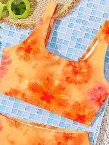 Tween Girl Casual Minimalist Floral Print Camisole And Triangle Bikini Swimwear Set, Suitable For Summer - Multicolor - View 3