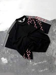 Manfinity EMRG 男士休闲樱花印花条纹拼接短袖T恤，夏季 - 彩色 - 查看 2