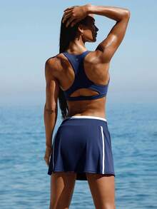 GLOWMODE Váy ngắn dáng chữ A Breeze & Play với đường viền eo kép tương phản, quần short bên trong và túi hông, thích hợp cho kỳ nghỉ, du lịch mùa hè, đi biển và mặc hàng ngày. - Dark Blue - Xem 3