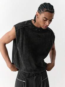SWAVVY Kaos Pria Lengan Pendek Longgar Kasual, Ukuran Standar, Warna Hitam dengan Desain Blok Warna yang Dicuci - Hitam - View 5